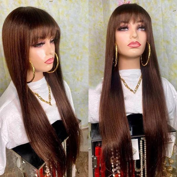 

chocolate brown fringe human hair lace front wigs for black women silky straight 150 density remy, Black;brown