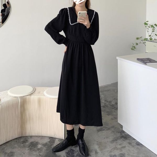 

casual dresses autumn 2021 korean french retro dress temperament lace stitching doll neck long sleeve a-line for women, Black;gray
