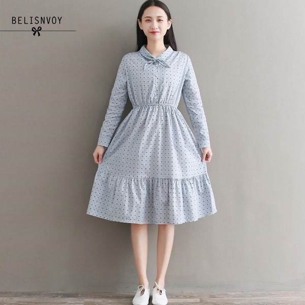 

floral printed dress women spring autumn long sleeve casual cotton pleated bowknot vintage es vestidos robe femme 210520, Black;gray