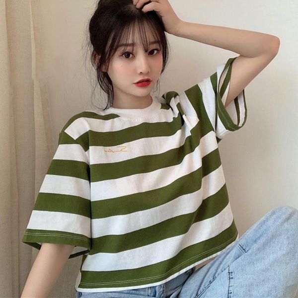 

women's t-shirt exposed navel short women summer korean version high waist paragraph striped loose sleeve for, White