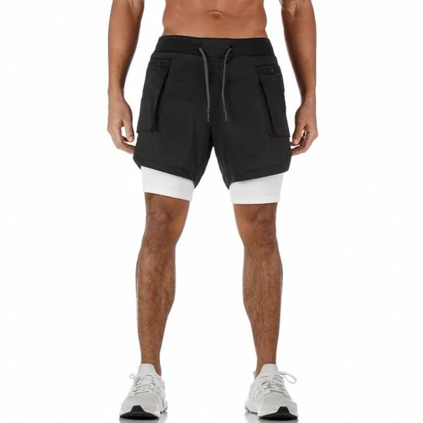 

men's shorts 2 in 1 running men gym fitness double layer quick dry short pants male basketball training crossfit bottoms bermuda black, White;black