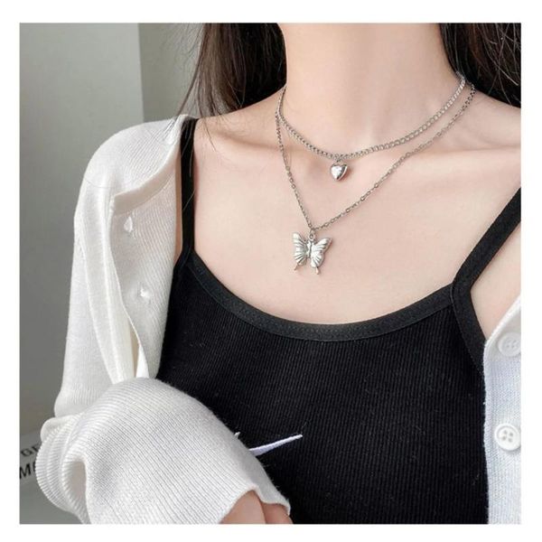 

chains multi-layer chain butterfly choker necklace stainless steel bling tennis crystal party jewelry, Silver