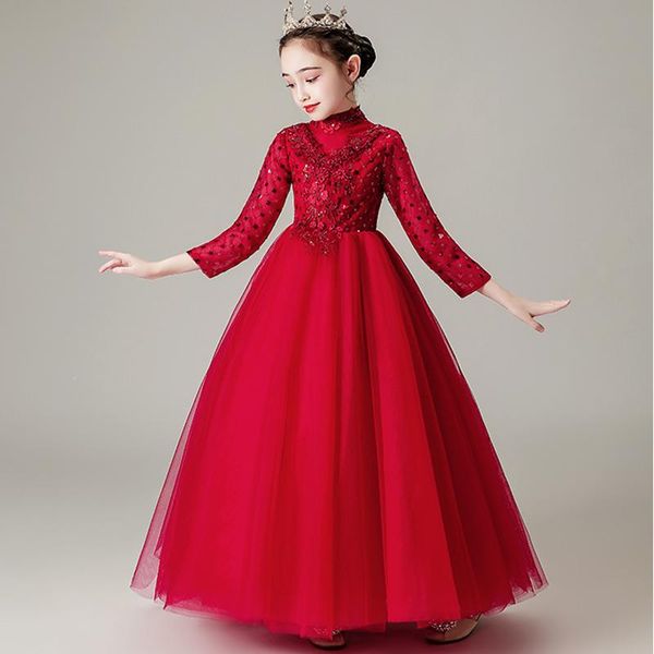 

girl's dresses burgundy high neck ball gown empire full sleeves sequins appliques kids party communion girl for weddings dh024, Red;yellow