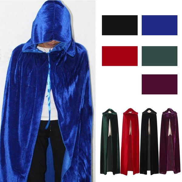 

men women velvet hooded halloween costumes cloak medieval witch vampire magician cape fancy dre cosplay coat, Black;red