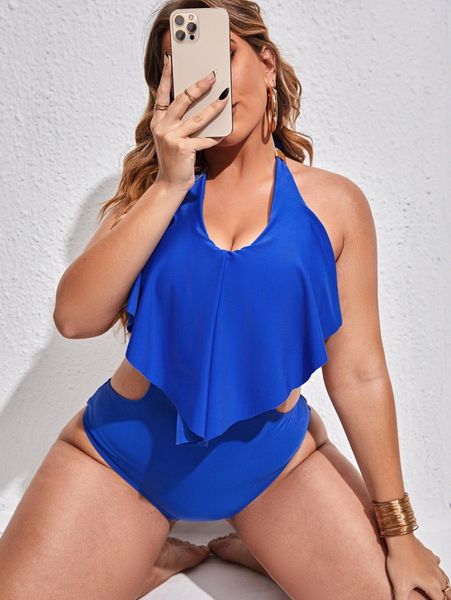 

plus cut-out hanky hem one piece swimsuit d6mp#, Black