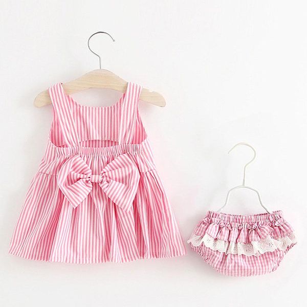 

girl's dresses toddler girls casual dress infant baby summer back hollow bowknot bebes vestidos striped with lace shorts underwear suit, Red;yellow