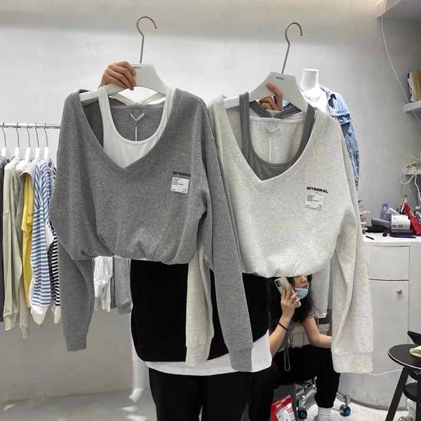 

women hoodie one pieces sweatshirt 2021 spring halter collar camisole+v neck loose oversized sportswear outer streetwear outfits top, Black