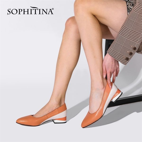 

sophitina pumps woman genuine leather patchwork pointed toe shallow med square heel office lady shoes pc998 210901, Black