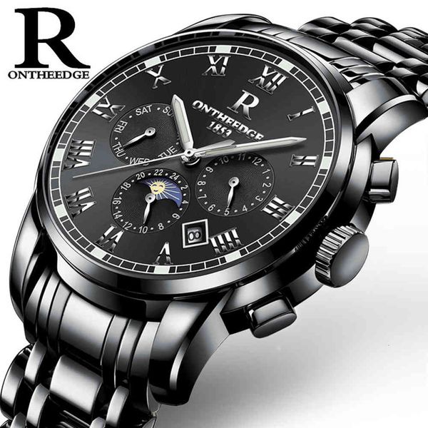 

ontheedge luxury multi-dial automatic mechanical clocks watertight sun moon calendar gentlemen clock relogio masculino, Slivery;brown