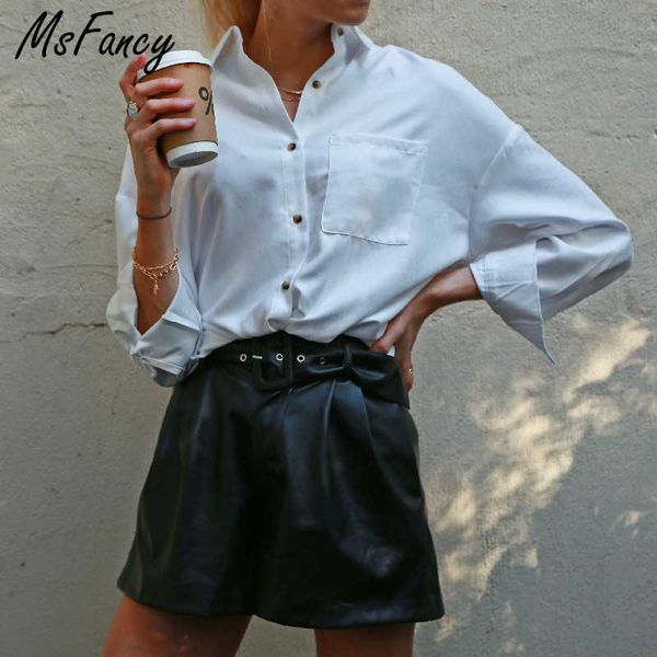 MSFancy Black Leather Shorts Mulheres Cintura Alta Cintura Pantalones Cortos de Mujer Sexy Calções de espólio com cinto MP001 210604