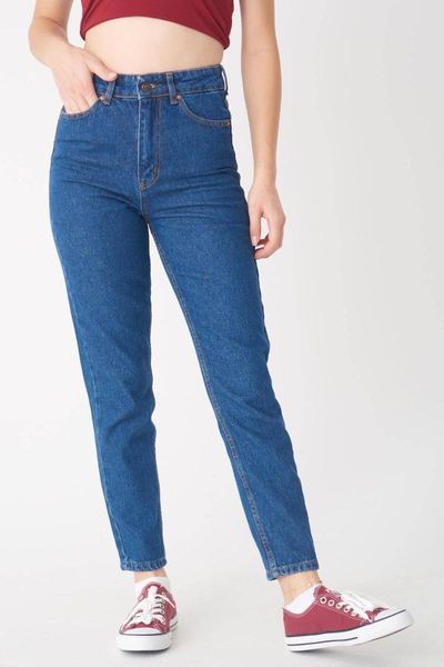 

women's dark denim high waist 100% cotton double pocket mom jeans, Blue