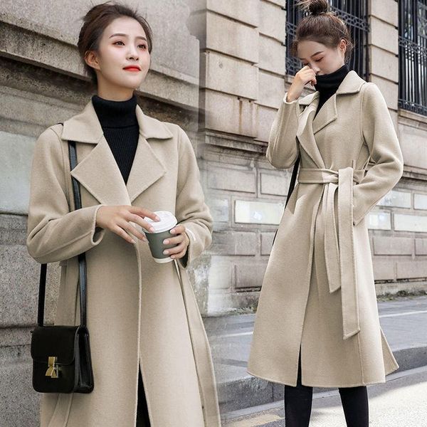 

women's wool & blends elegant solid long coat women sleeve loose trench belt chic stylish jacket thick autumn winter coats, Black