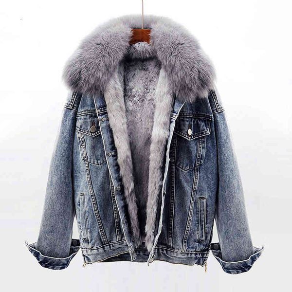 

women's jackets winter warm denim women fur collar + removable rabbit liner jeans coat loose outwear female chaqueta mujer z05, Black;brown