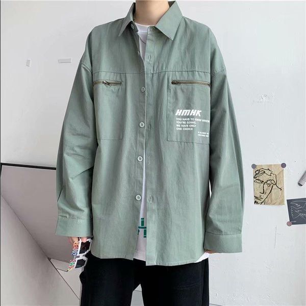 

men's dress shirts spring 2021 letter printing loose casual long sleeve shirt breast pocket zipper fashion jacket, White;black