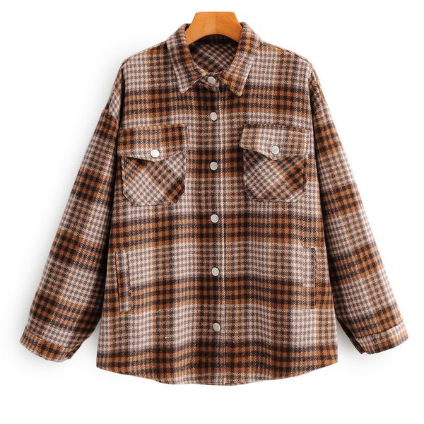 

blouses retro plaid lapel long sleeve double pocket single breasted loose women's shirt harajuku sweet fresh literary chic female, White