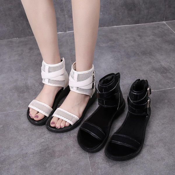 

women mesh sandals ankle-wrap fashion solid flat peep toe zipper female shoes casual cover heel ladies footwear 2021 summer, Black