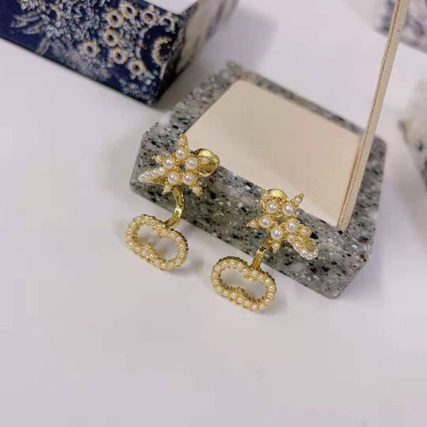 

design jewelry new fashion ear clip 925 silver needle pearl earring female geometric letter earrings, Golden