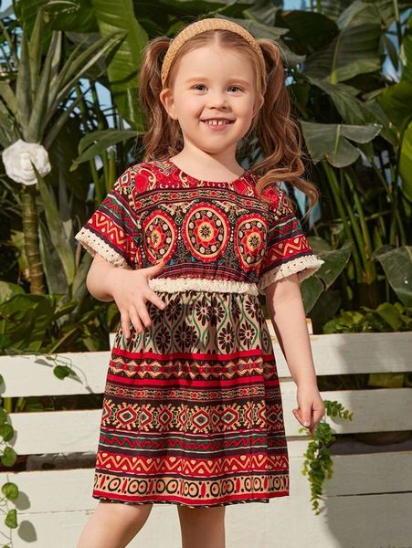 

toddler girls geo print contrast trim dress she, Red;yellow