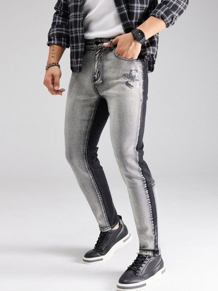 

men two tone scorpion print skinny jeans h3x1#, Blue
