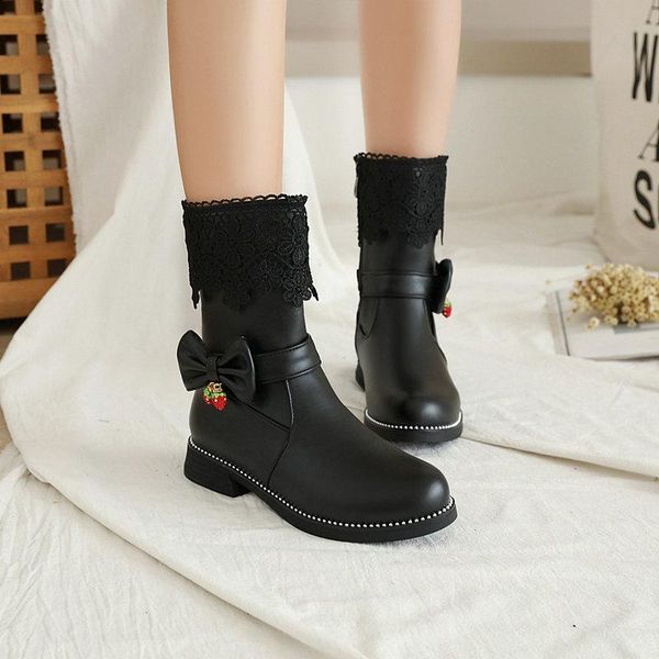 

boots 2021 sweet kids pu leather women flowers round toe med heels shoes ladies zip autumn winter ankle, Black