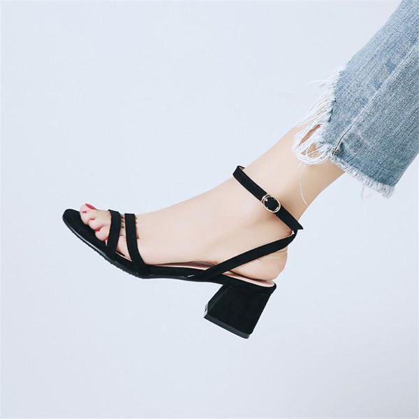 

retro rome female sandals women square chunky block med heels shoes flock ankle strap black beige plus size 34-43