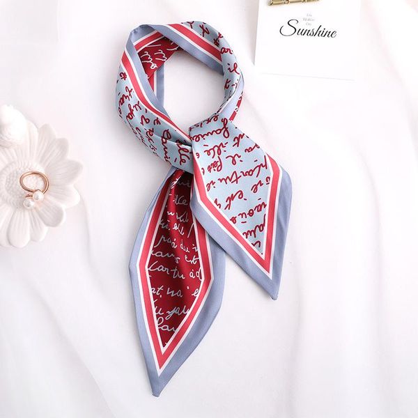 

scarves 2021 letter print women silk scarf small handle bag ribbons female head foulard 90*10cm, Blue;gray
