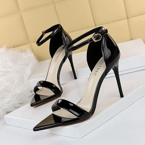 

dress shoes summer female concise patent leather sandals pointed open toe ankle buckle women stiletto heels party pumps nude, Black