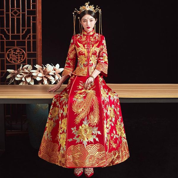 

ethnic clothing oversize 6xl retro chinese marry cheongsam flower phoenix embroidery long bride wedding dress, Red