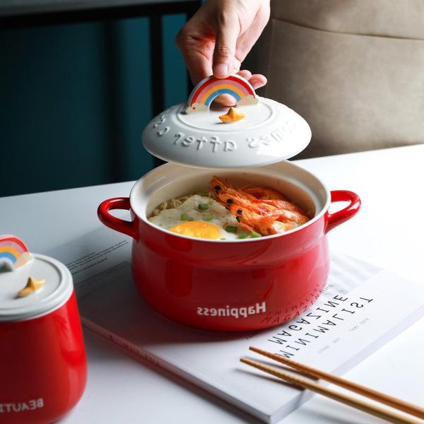 

bowls bowl tableware with cover creative japanese mobile phone bracket big soup double ear instant noodle student dormitory