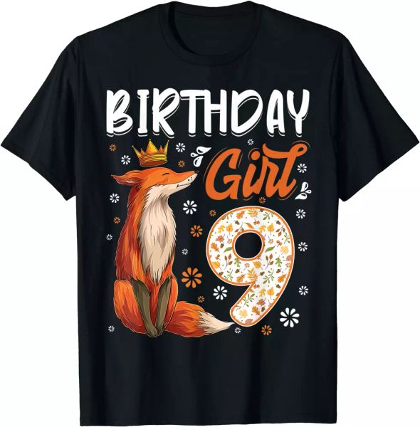 

fox animal lovers 9th birthday girl fox b-day 9 year old t-shirt, White;black