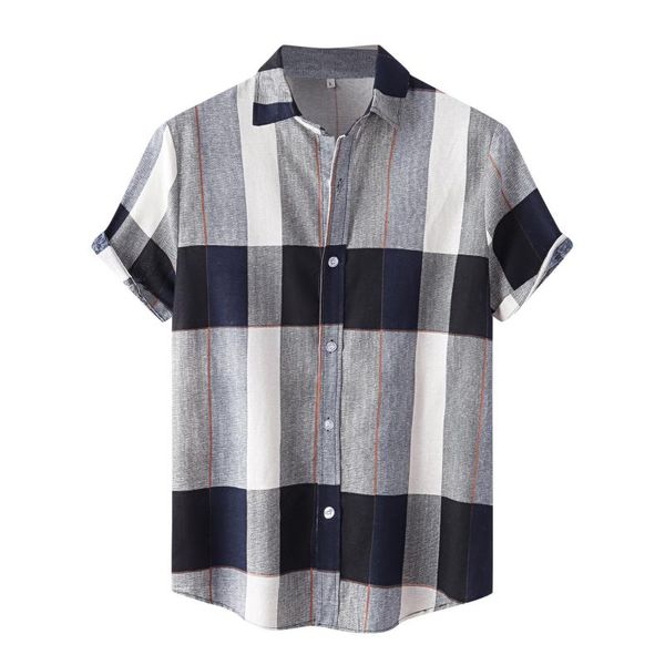 

men's casual shirts summer men plaid short sleeve for color contrast turn-down collar button up shirt chemise homme, White;black