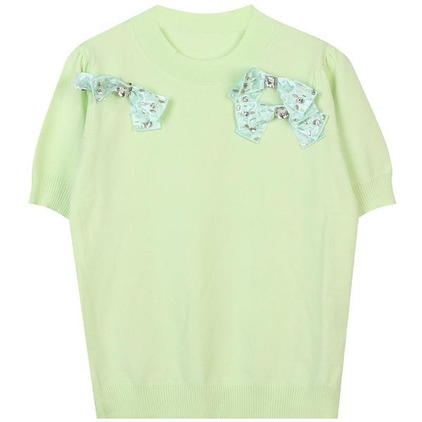 

women's t-shirt 2021 summer women fashion casual loose o-neck short-sleeved contrast color bow beaded green white knit clothes
