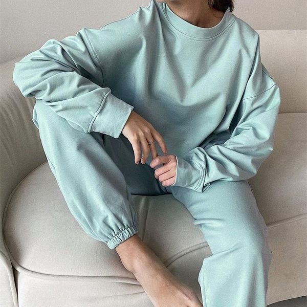 

wotwoy elastic waist casual sweatshirt women 2 pieces matching pants sets autumn winter loose tracksuits female solid pullovers 220311, Black
