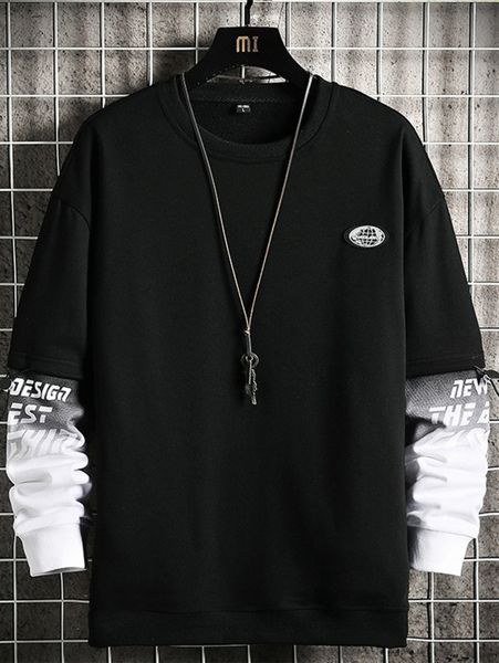 

men letter graphic patched detail drop shoulder 2 in 1 pullover 99cl#, Black
