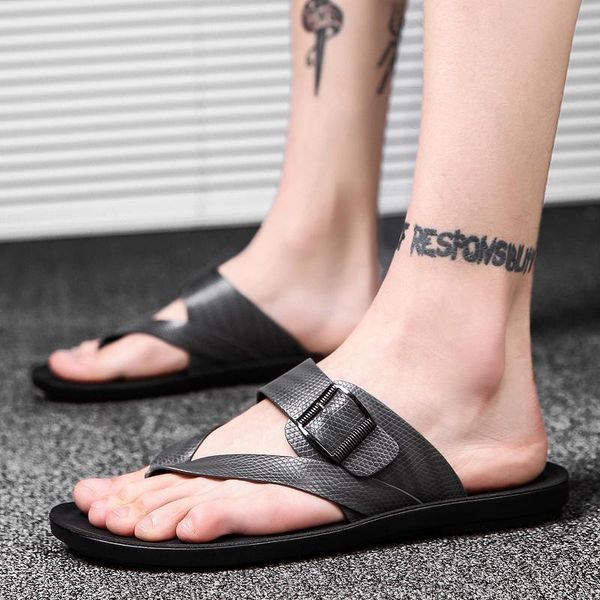 

slippers genuine leather men's outdoor breathable men flip flops beach sandals non-slip male home pantuflas, Black