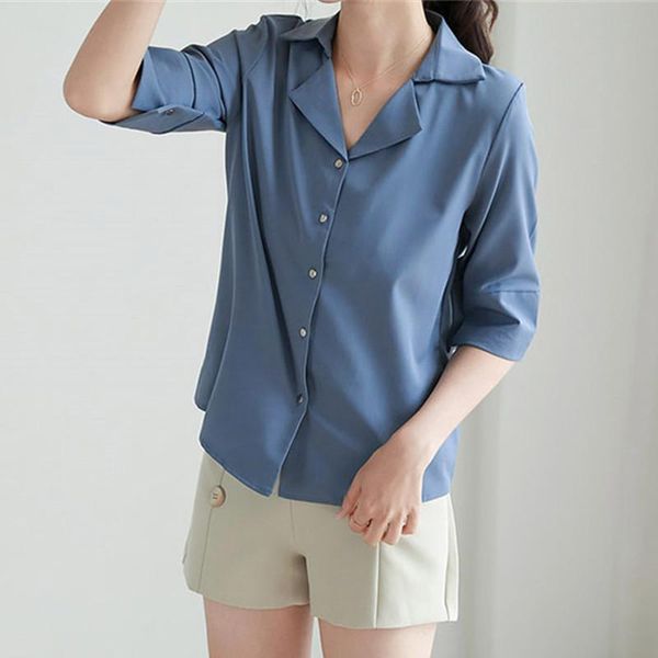 

summer women shirt chiffon solid v-neck half sleeve thin casual fashion office lady female blouse girl sweet all-match women's blouses, White