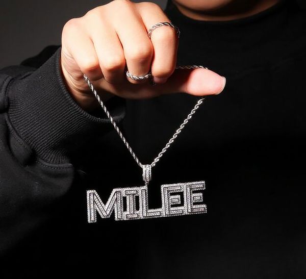 

custom name a- z initals letters baguette zircon letter pendant necklace gold color men women hip hop rock jewelry, Silver