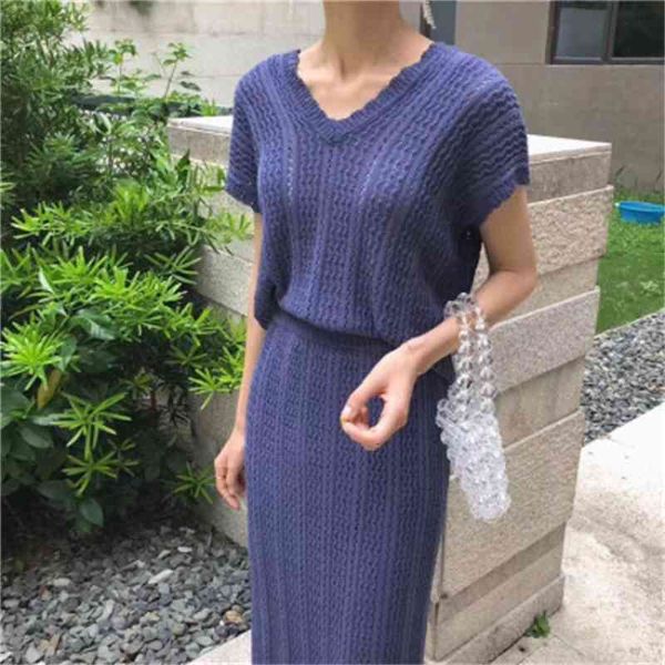 

two piece dress summer thin twist skirt knitted 2 piece set women v-neck short sleeve + stretch bodycon long skirts sweater s, White