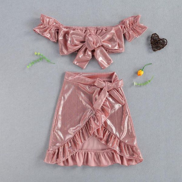 

kid's gold silk skirt set, off shoulder crop with bowknot ruffle for summer formal party ball 2021 clothing sets, White