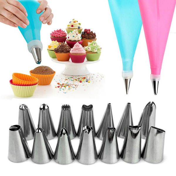

16pcs/set confectionery bag with nozzles icing piping tip stainless steel cake decorating tool pastry cream spout for baking & tools