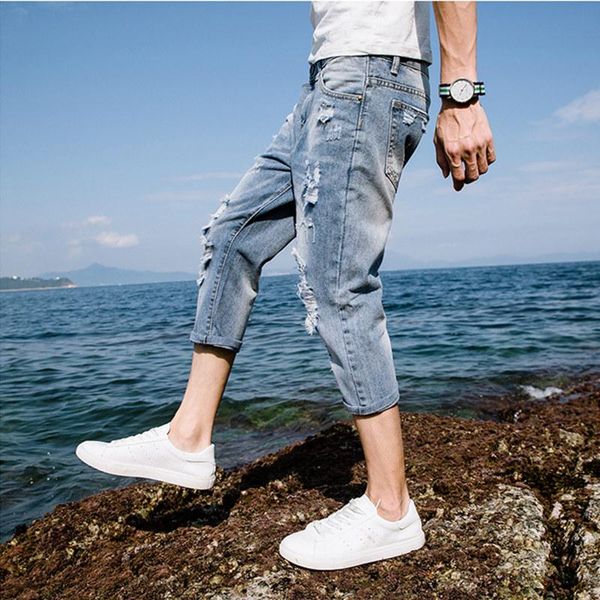 

men's jeans summer thin 2021 denim male cropped trousers student pants ripped shorts korean slim trend teenagers pencil, Blue