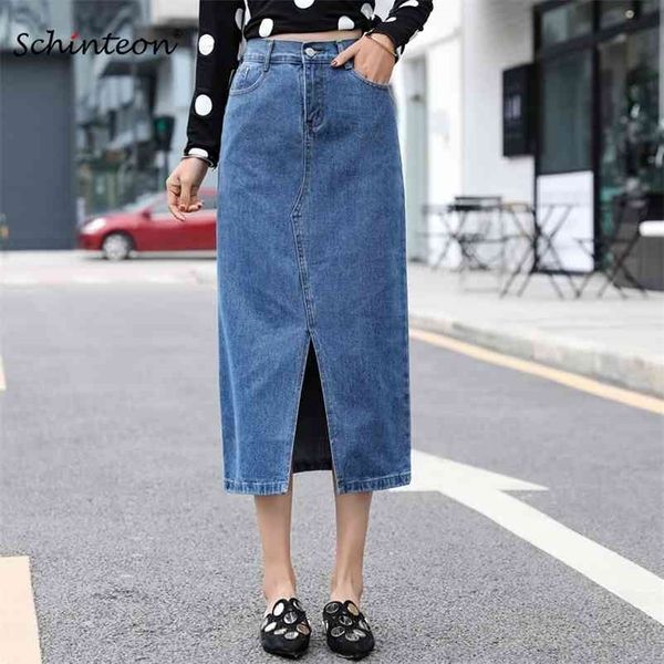 Plus Size Women Denim Saia Primavera A-Linha Outono Jeans Frente Split Longo Solto Casual Elastic Wasit 210621