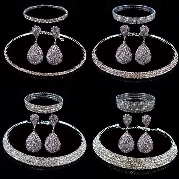 

earrings & necklace elegant romantic bride wedding jewelry sets exaggerated multi layer rhinestone choker neck bracelet drop set for women, Silver