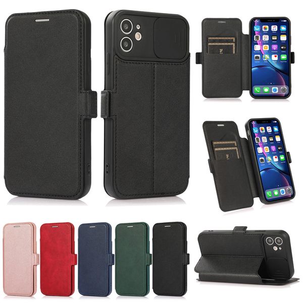 Slide Camera Lens Protector Wallet Leder Handyhüllen für iPhone 12 Mini 11 Pro Max XR XS 7 8 plus Samsung S20 S21 Ultra Note 20 A52 A72 Shockrpoof Flip Stand Cover