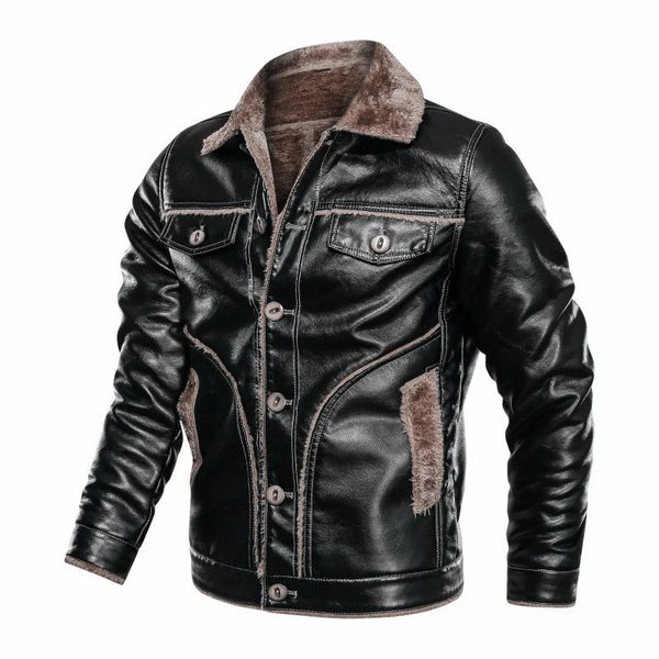 

2021 new mens leather clothing european and american fashion slim men motorcycle pu plus fleece fur one leather jacket for men, Black