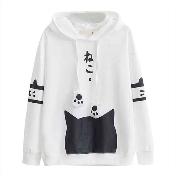 

casual long sleeve kitty cat womens hoodies print pocket thin japanese letter japan style yl5, Black
