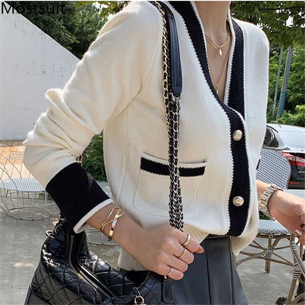 

vintage ladies knitted cardigans sweaters women long sleeve v-neck korean office fashion slim cardigans autumn winter 210805, White;black