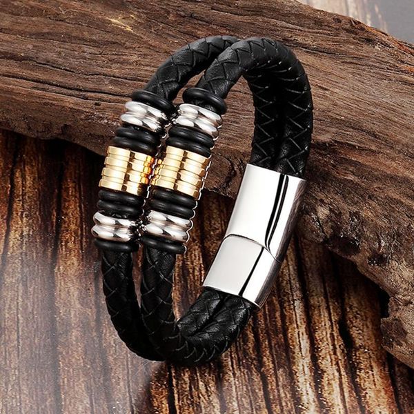 Charm Armbänder Schwarz/Braun Punk Männer Doppelt Geflochtenes Echtes Leder Armband Edelstahl Magnetverschluss Mode Armreifen