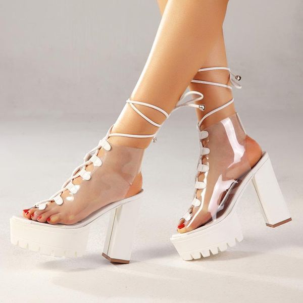 

sandals high-heeled women 2021 summer casual fashion iace-up fish mouth women's boots thick-soled iarge size, Black