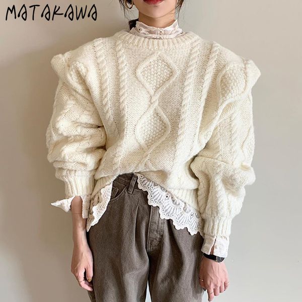 

matakawa heavy industry hemp pattern thick knitted sweater women o-neck women's sweater fall women 210513, White;black